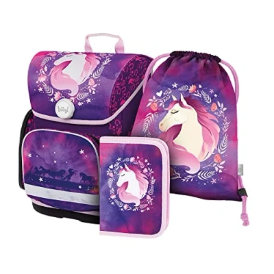 Afbeelding van Baagl Schooltas voor jongens, 3 delig, Ergo 1e klas, ergonomische schooltas, basisschooltas met borstband, paard., set