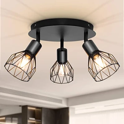 Afbeelding van Dehobo Industriële plafondlamp, spots en spotrails, zwart, spot helling met E14 fitting, 40 W spotstrip, zonder lampen, 3 ledspots, draaibaar, voor binnen, keuken, slaapkamer, woonkamer
