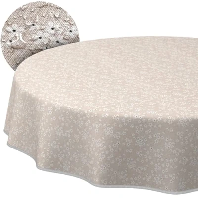 Afbeelding van Tafelkleed van katoen, polyester, onderhoudsvriendelijk, rond, ovaal, rechthoekig, vioolpatroon, beige, 140 cm, met zoom (omzoomd)