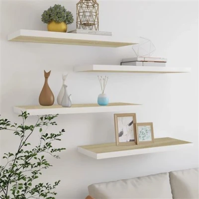 Afbeelding van Wandschappen zwevend 4 st 80x23,5x3,8 cm MDF eikenkleurig wit