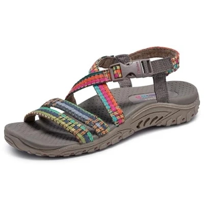 Afbeelding van skechers Reggae Sew Me Boho Woven Strappy Slingback damessandalen, taupe, meerkleurig, 38 EU, taupe multi