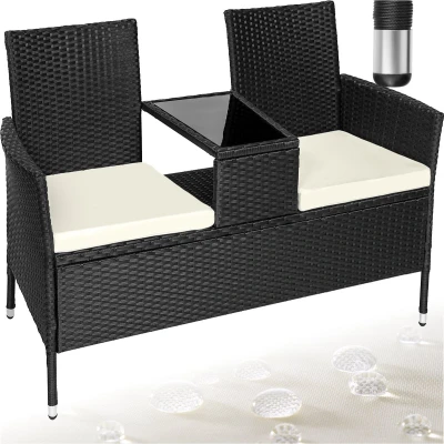 Afbeelding van tectake® wicker tuinbank met tafel, 2 zitsbank, 131 x 61 82 cm, bank voor tuinbalkon en terras, inclusief zitkussen zwart/beige poly rattan