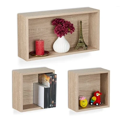 Afbeelding van Relaxdays wandrek kubus set van 3 kubusrek 2 groottes hangrek houtlook natuur