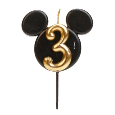 Afbeelding van dekora Mickey Mouse verjaardagskaars decoratie Disney kaarsen van paraffinewas zonder geur Zwarte en gouden met oren Maat 8,5 cm Nummer 3