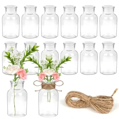Afbeelding van YSWOVUO 12 stuks mini glazen vazen van 125 ml met jute koord, 5,8 cm x 10,3 cm, kleine voor tafeldecoratie, huis, bruiloft, verjaardag, feest, vaatwasmachinebestendig