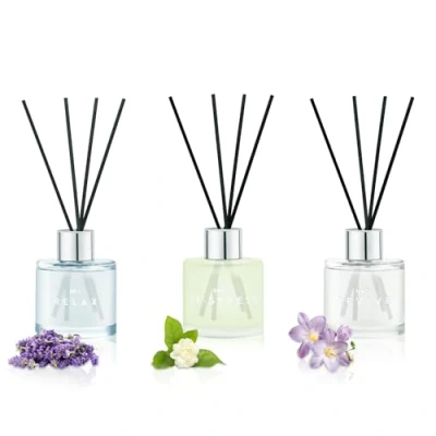 Afbeelding van Set van 3 rietgeurdiffusers, 50 ml, lavendel, jasmijn, fresia, aromatherapie diffuser met 12 zwarte vezelstokjes, luchtverfrisser voor slaapkamer, badkamer, kantoor