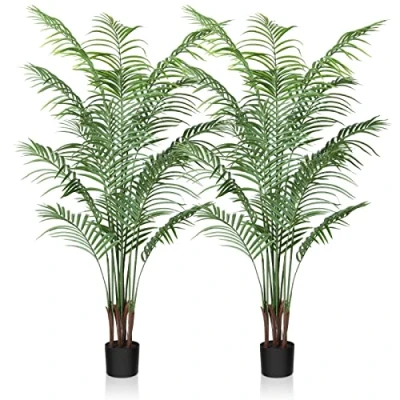 Afbeelding van CROSOFMI kunstmatige Areca palm, namaakplant, ideaal voor binnen of buiten, kunstplant in een plastic pot, kunstboom de woonkamer, slaapkamer, op het balkon, groene decoratie, 150 cm, 2 stuks