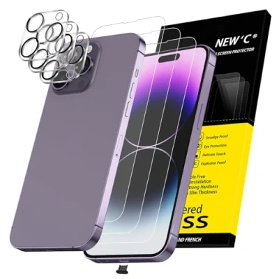 Afbeelding van NEW&#039;C 3 stuks displaybeschermfolie voor iPhone 14 Pro Max (6,7 inch) + cameralensbeschermers, sensorbescherming stofplug, gehard glasfolie, compatibel met