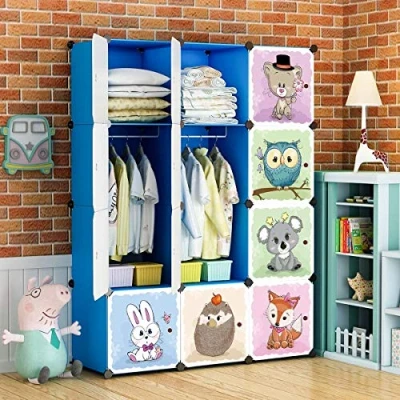 Afbeelding van BRIAN &amp; DANY Cartoon kledingkast, modulaire opbergorganizer, robuust en veilig voor kinderen, 8 dobbelstenen 2 delen, blauw, 110 x 47 147 cm