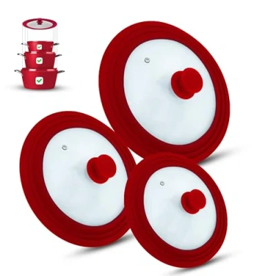 Afbeelding van M.S.N Set van 3 universele glazen deksels voor potten en pannen 16/18/20 cm, 24/26/28 cm 28/30/32 met uitlaatventiel siliconen rand, rood