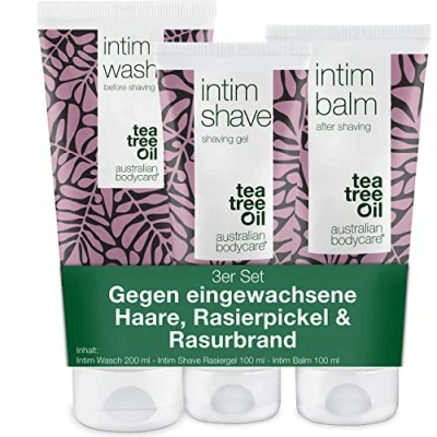 Afbeelding van serie Scheren Intieme zone 3 producten voor het verwijderen van rode bultjes, Vlekjes en ingegroeide Haren Na Scheren. De bevat: Intim Wash 200ml, Shave 100ml, aftershave balsem 100ml Australian Bodycare