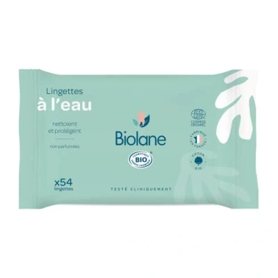 Image de Biolane Lingette bebe à l&#039;eau BIO 54 Lingettes Naturelles et Composées 99% d’Eau pour tout le Corps de Bébé Utilisables dès la Naissance Peaux Sensibles Fabriqué en France