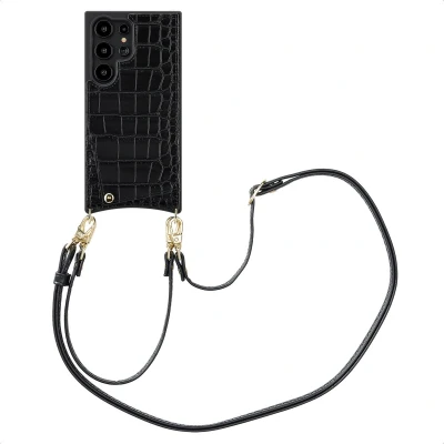 Afbeelding van Selencia Hoesje Geschikt voor Samsung Galaxy S24 Ultra met Pasjeshouder Nova Croco Backcover koord en pashouder Zwart