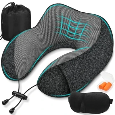 Afbeelding van SOMLAW Reiskussen, nekkussen van traagschuim, draagbaar ergonomisch bureau met slaapmasker, oordopjes, tas, perfect voor vliegtuig, auto en trein