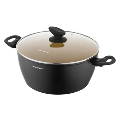 Afbeelding van FLORINA AMVEGAN Aluminium pot, 26 cm, 4,8 l, hoge duurzaamheid, glazen deksel, keramische coating met olijfolie, gemakkelijk te koken en af spoelen, origineel design