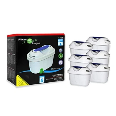 Afbeelding van FilterLogic 6 stuks universele filterpatronen geschikt voor Brita Maxtra &amp; Plus waterkaraffen, wit, compatibel met Marella Elemaris Bosch Tassimo en waterkokers