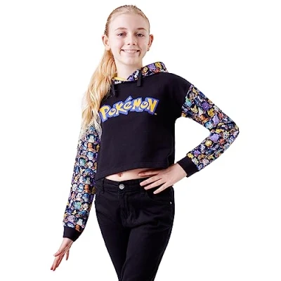 Afbeelding van Pokemon Sweatshirt met capuchon voor meisjes, crop top, sweatshirt, kinderen, tieners, mode, officiële kleding, Pikachu, maten 5 15 jaar, katoen, Veelzijdig te gebruiken.