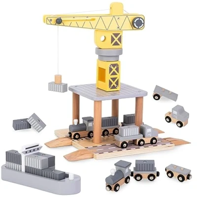 Afbeelding van Mamabrum, mobiele havenkraan met magnetische lier en accessoires houten set, kraan, vrachtwagen, wagon, aanhanger, wandelwagen kraan speelgoed kinderen