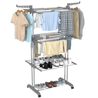 Afbeelding van Droogrek Ruimtebesparende kleine opvouwbare drielaagse draagbare wasdroger met wielen (blauw wit) (grijs)
