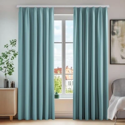 Afbeelding van Deconovo 2 stuks verduisteringsgordijnen met plooiband, thermo gordijn, voor woonkamer, slaapkamer, 140 x 220 cm, hemelsblauw