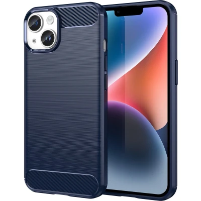 Afbeelding van Cadorabo Hoesje geschikt voor Apple iPhone 14 PLUS in BRUSHED BLAUW Beschermhoes van flexibel TPU siliconen roestvrij staal carbonvezel look Case Cover