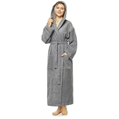 Afbeelding van Badjas voor dames met capuchon, kuitlengte of enkel, badstof (380 g/m²), 100% gecertificeerd katoen, grijs.