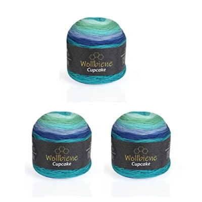 Afbeelding van Wollbiene Cupcake 3 x 150 g breiwol 450 voor breien en haken Turkse wol met kleurverloop (blauw turquoise groen 3090)