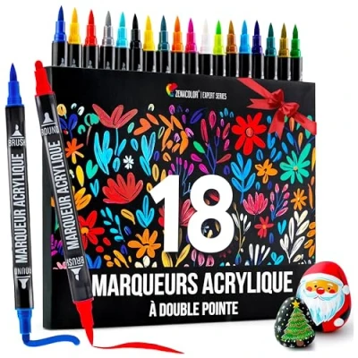 Afbeelding van Zenacolor Acrylstift met dubbele punt (fijne punten en penseel) 18 unieke kleuren acrylmarkers voor verschillende oppervlakken kunstwerken acrylverfstiften
