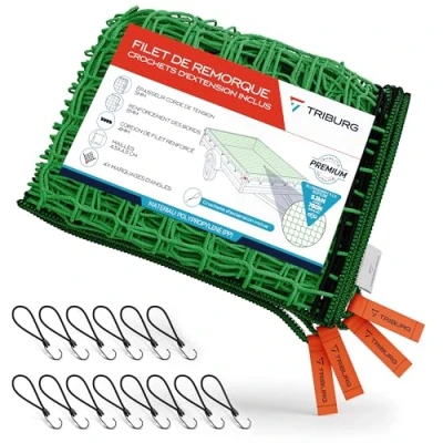 Afbeelding van TRIBURG® aanhangernet met hoekmarkeringen, ophangnet rubberen spanner voor optimale laadveiligheid, elastisch touw