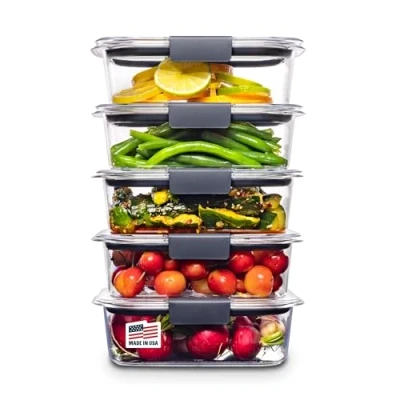 Afbeelding van Rubbermaid Brilliance 10 stuks vershouddozen met deksel voor lunch, maaltijdbereiding en resten, vaatwasmachinebestendig, 3,2 kopjes, transparant/grijs