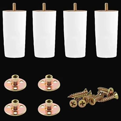 Afbeelding van XineYuor 4 stuks witte meubelpoten van hout, bedvoet massief met accessoires, bankpoten voor fauteuil, nachtkastje, kast, lade (10 cm, wit)