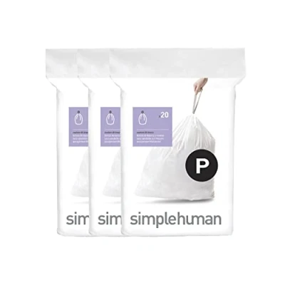 Afbeelding van simplehuman CW0263 code P, op maat gemaakte vuilniszakken, 3 x verpakking van 20 (60 zakken), kunststof wit