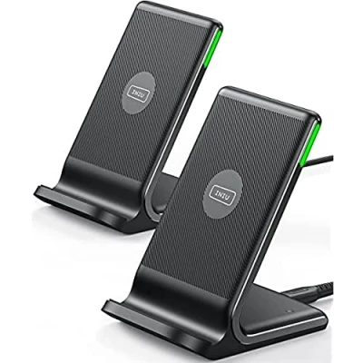 Afbeelding van Iniu Draadloze oplader, 2 stuks, 15 W, Qi gecertificeerd, snellaadstandaard, draadloos met adaptief licht voor iPhone 13 12 Pro XR X Samsung Galaxy S21 S20 Airpods Xiaomi Huawei enz.