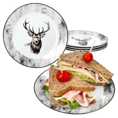 Afbeelding van MamboCat Alois 6 stuks taartborden, ontbijtborden van porselein met hertendecoratie voor personen, kleine borden salade, dessert, fingerfood enz.