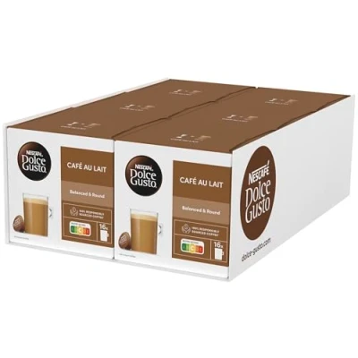 Image de NESCAFÉ Dolce Gusto café au lait 96 capsules de (grains Robusta sélectionnés, plaisir léger avec mousse crémeuse, scellées aux arômes), lot 6 (6 x 16 capsules)