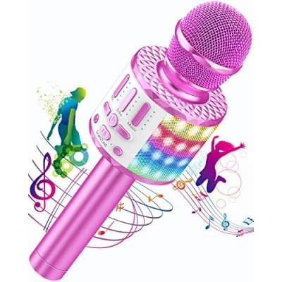Afbeelding van Bluetooth karaoke microfoon, kinderen, draagbaar, karaoke, met led, luidspreker, spraakverandering, draadloze microfoons, voor het zingen van KTV buiten, feest, meisjes, familie spelletjes,