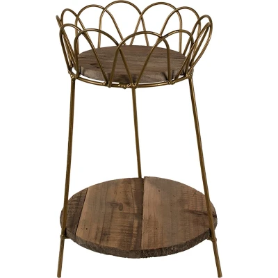 Afbeelding van Clayre &amp; Eef Plantentafeltje Ø 21x32 cm Goudkleurig Bruin Ijzer Hout