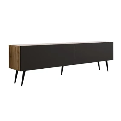 Afbeelding van TV kast: twee deuren, planken, kleur: Wotan eiken / mat zwart, poten zwart D: L: 170 cm, H: 52 32 cm