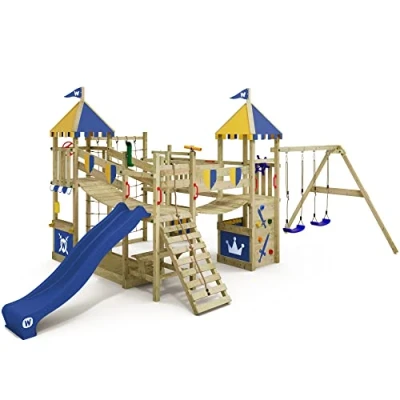Afbeelding van WICKEY Smart Queen speelplaats van hout met zeil in blauw geel en schommel blauwe glijbaan, klimtoren voor kinderen zandbak, ladder speelaccessoires de tuin.