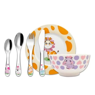 Afbeelding van EXZACT 6 delig tafelservies Lunchset met bestek van roestvrij staal voor kinderen: 1 x kom, bord, vork, mes, lepel, kleine lepel (schattige dieren)