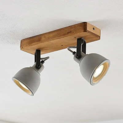 Afbeelding van Lindby LED plafondlamp 2lichts dennenhout, beton H: 19 cm GU10 grijs, hout donker