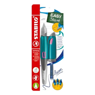 Afbeelding van STABILO EASYbirdy Ergonomische vulpen voor rechtshandigen met veer beginners, turquoise/neon roze, enkele pen cartridge en instelgereedschap inktkleur blauw (uitwisbaar)