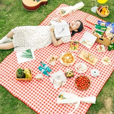 Afbeelding van TFSZE picknickdeken 300 x 200 cm, opvouwbare strandmat, draagbare met handvat, wasbare picknickmat, geruit, rood, geschikt voor wandelen, wandelen