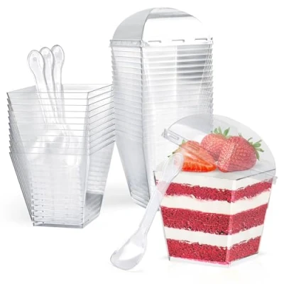 Afbeelding van CoKeeSun 30 stuks dessertkopjes met deksel en lepels, 200 ml/7 oz vierkante kunststof glazen, herbruikbare dessertkommen, dessertbekers voor Tiramisu Pudding schuim ijs