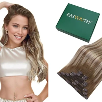 Afbeelding van Easyouth Clip in Extensions, echt haar, balayage, bruin tot blond, 30,5 cm, 7 stuks, 70 g