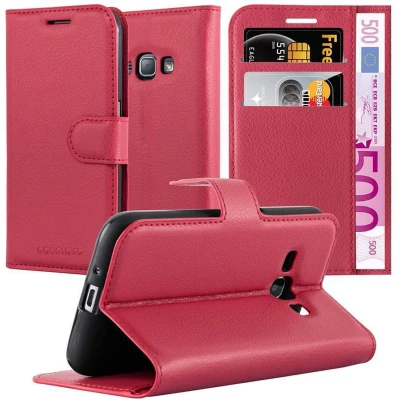 Afbeelding van Cadorabo Hoesje geschikt voor Samsung Galaxy J1 2015 in KARMIJN ROOD Beschermhoes met magnetische sluiting, standfunctie en kaartvakje Book Case Cover Etui