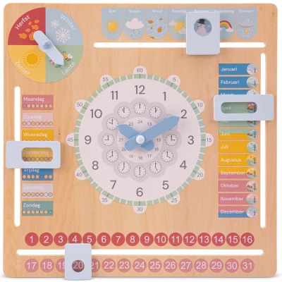 Afbeelding van New Classic Toys Houten Kalenderklok Leer Klokkijken Weet jij welke dag het is? Hoe laat is het? Schijnt de zon?