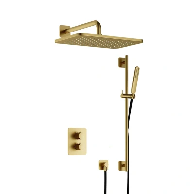 Afbeelding van Hotbath Gal Regendoucheset IBS40A Geborsteld Messing PVD Staaf Handdouche 40cm Hoofddouche Wandarm met glijstang