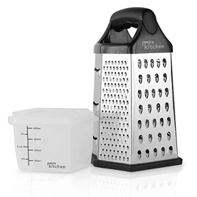 Afbeelding van Joeji&#039;s Kitchen Rasp met 6 zijden, handgemaakt, zwart, zilver, meetinstrument en deksel, multifunctioneel keukengerei, ideaal voor raspen, snijden