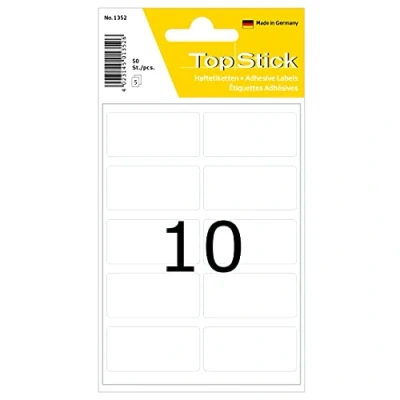 Image de TopStick 1352 Étiquettes multi usages (19 x 40 mm, 50 feuilles, papier, mat) auto adhésives, autocollantes universelles permanente pour l&#039;inscription manuelle, 500 étiquettes blanc